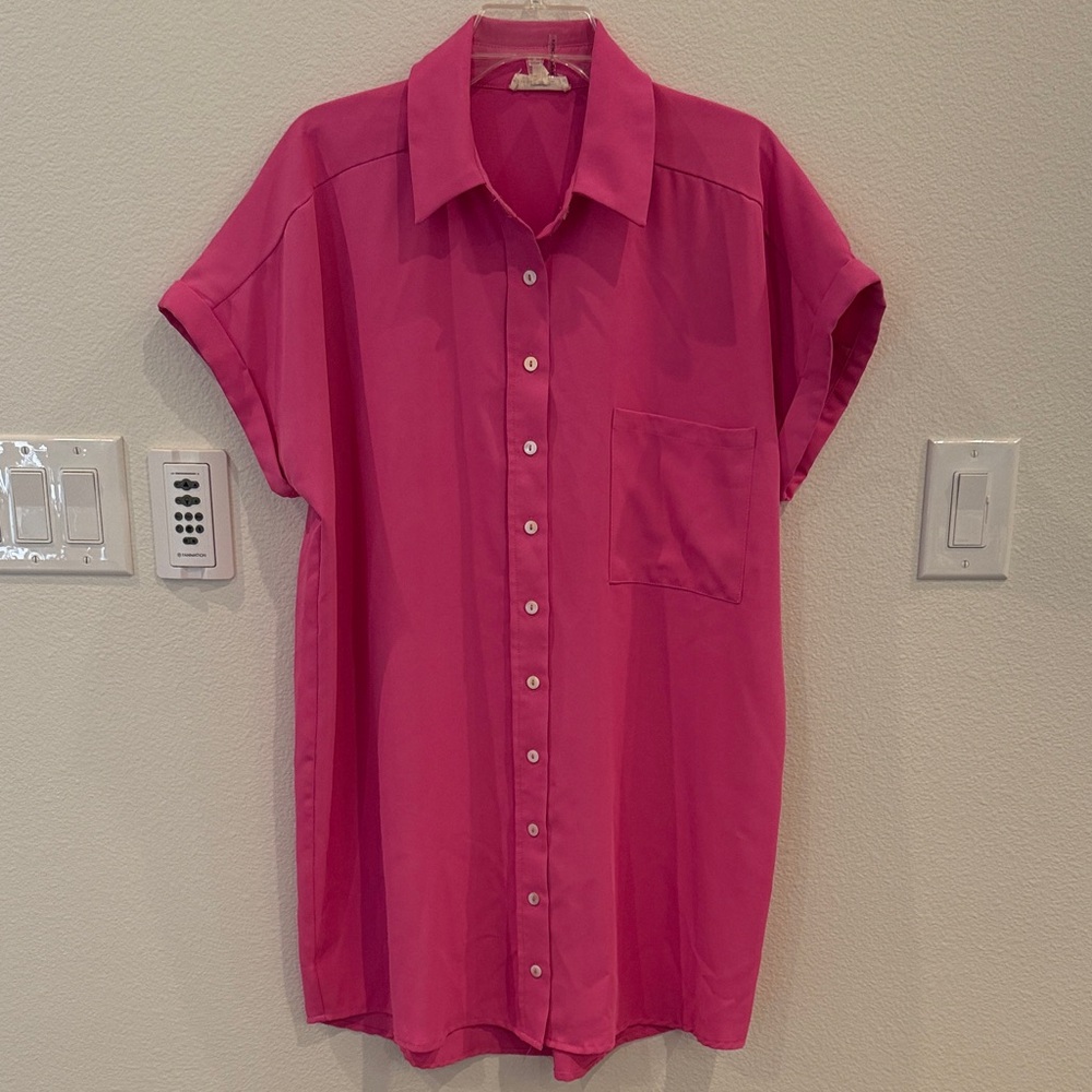 Entro Bright Pink Casual Button Down Shirt Dress